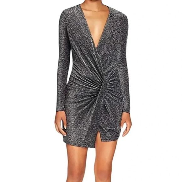 BLACK HALO NWT Lara Deep Plunge Mini Dress Metallic Tinker Bell 4 - Picture 1 of 9